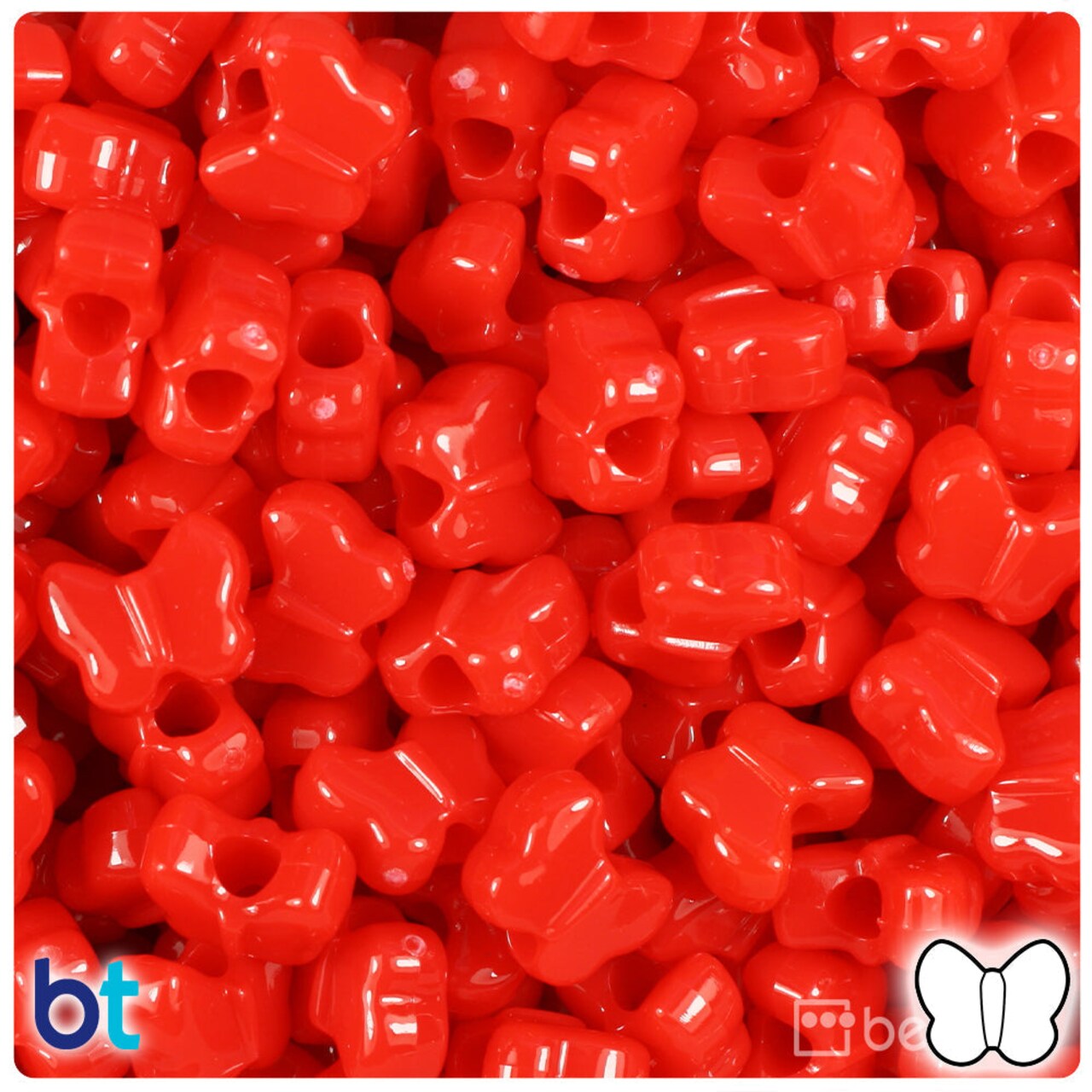 BeadTin Bright Red Opaque 13mm Butterfly Plastic Pony Beads (250pcs)